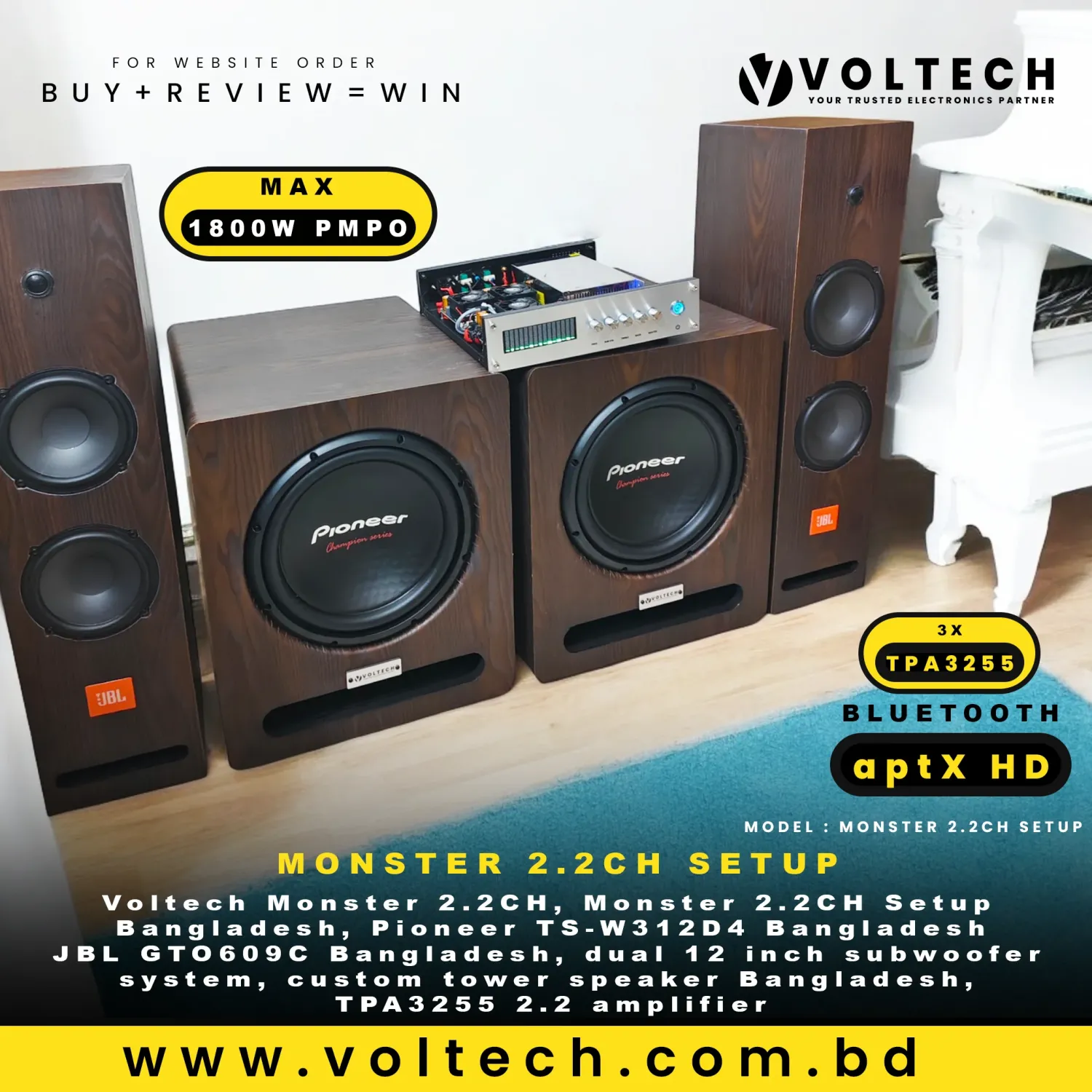 Voltech Monster 2.2CH Setup | Pioneer 12” Dual 4Ω Subwoofers + JBL GTO609C Component Towers + 1800 Max Class-D Amplifier Voltech Monster 2.2CH Setup | Pioneer 12” Dual 4Ω Subwoofers + JBL GTO609C Component Towers + 1800 Max Class-D Amplifier