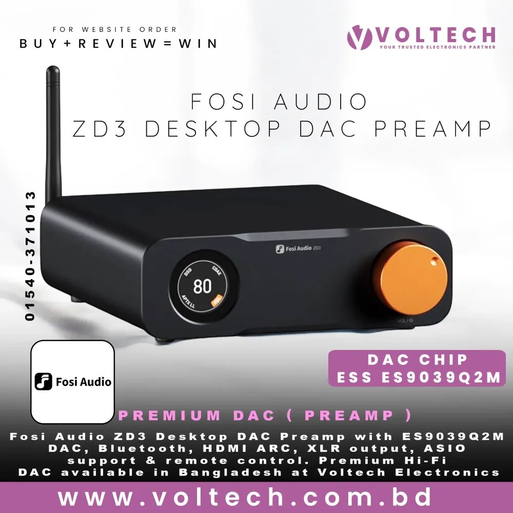 Fosi Audio ZD3 Desktop DAC Preamp | Fully Balanced ES9039Q2M DAC with Bluetooth, USB, HDMI ARC, XLR & RCA Output