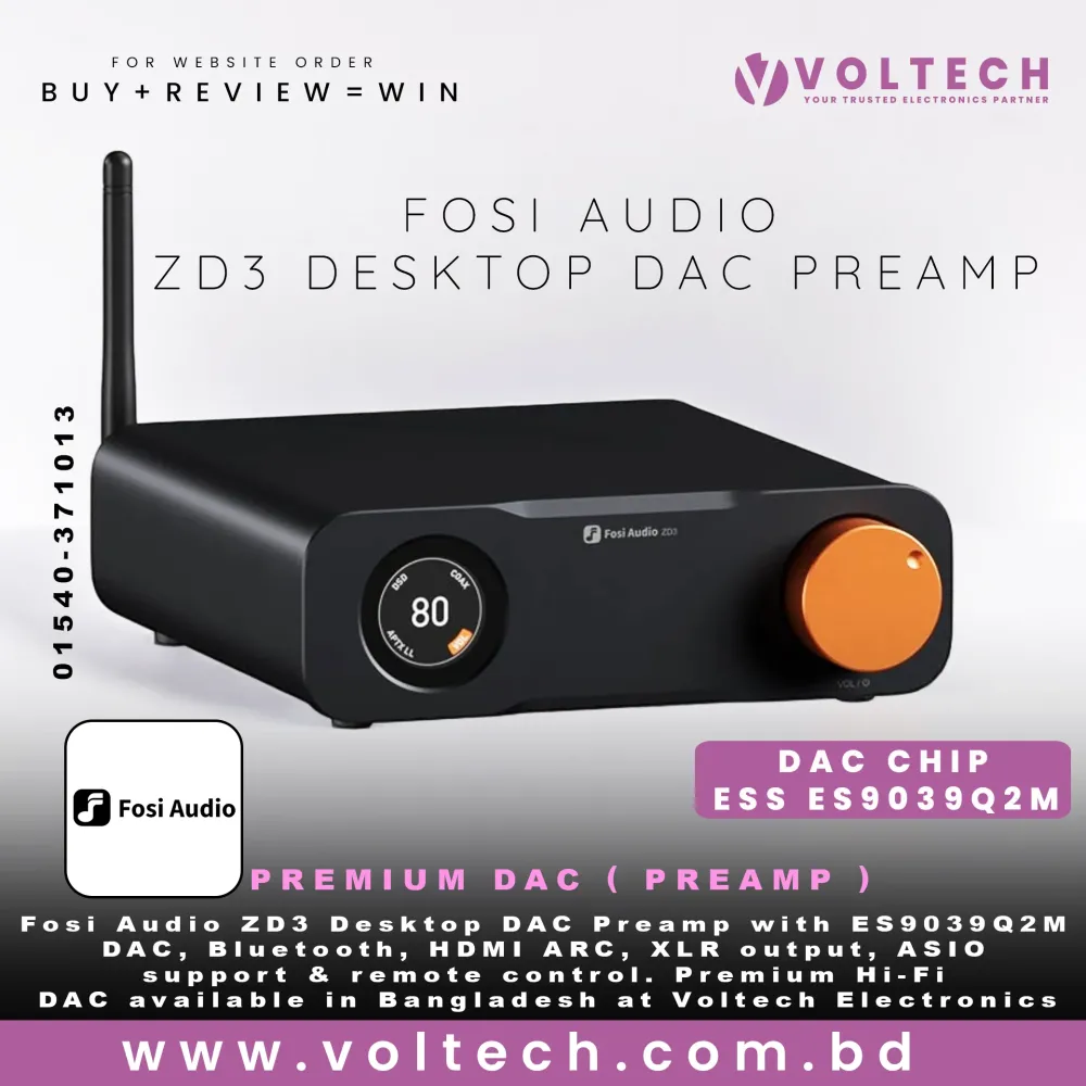 Fosi Audio ZD3 Desktop DAC Preamp | Fully Balanced ES9039Q2M DAC with Bluetooth, USB, HDMI ARC, XLR & RCA Output