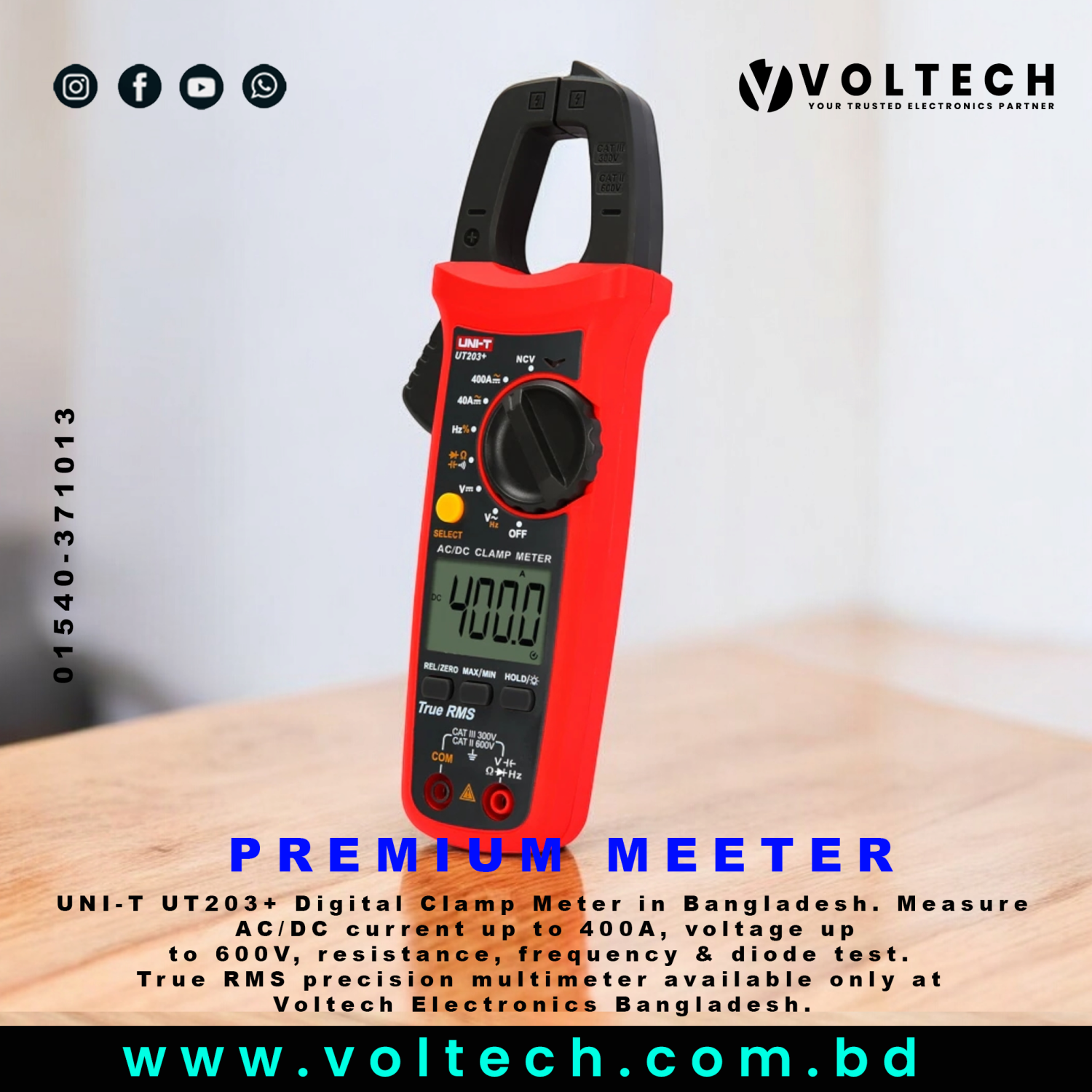 UNI-T UT203+ Digital Clamp Meter | 600V 400A AC/DC Voltage Current Tester Multimeter 