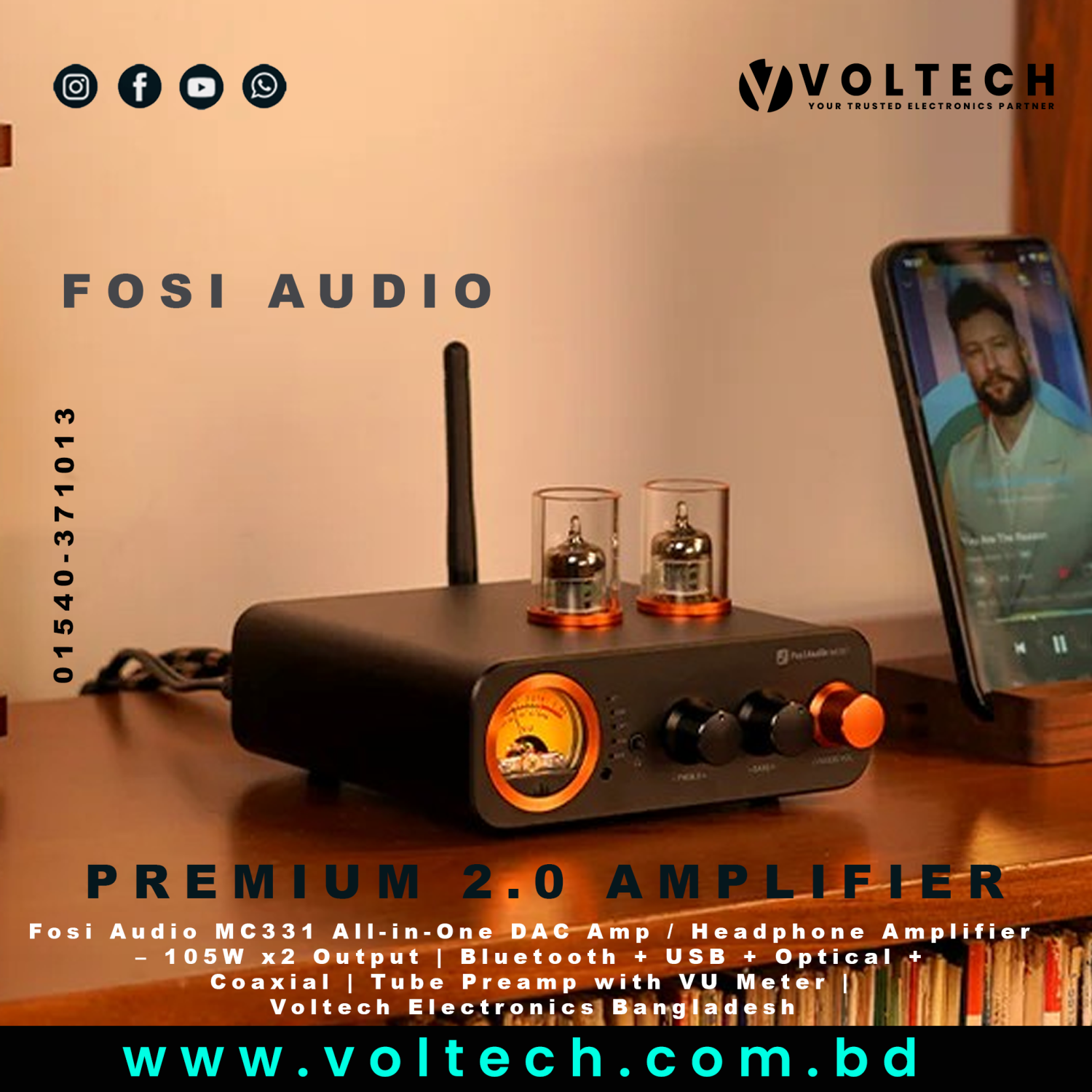 Fosi Audio MC331 All-in-One DAC Amp / Headphone Amplifier – 105W x2 Output | Bluetooth + USB + Optical + Coaxial | Tube Preamp with VU Meter | Voltech Electronics Bangladesh