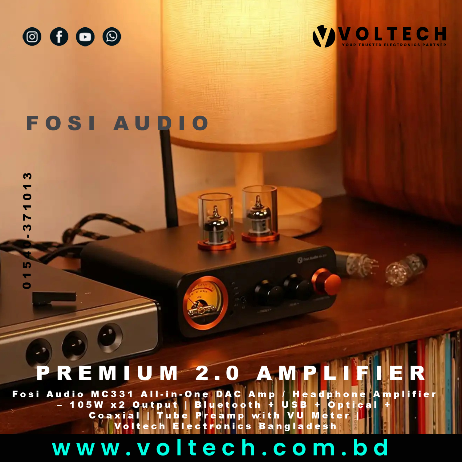 Fosi Audio MC331 All-in-One DAC Amp / Headphone Amplifier – 105W x2 Output | Bluetooth + USB + Optical + Coaxial | Tube Preamp with VU Meter | Voltech Electronics Bangladesh