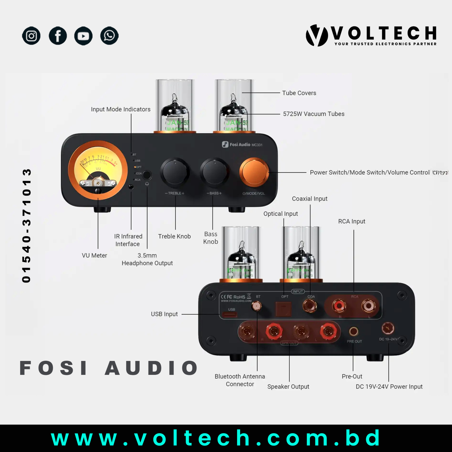 Fosi Audio MC331 All-in-One DAC Amp / Headphone Amplifier – 105W x2 Output | Bluetooth + USB + Optical + Coaxial | Tube Preamp with VU Meter | Voltech Electronics Bangladesh