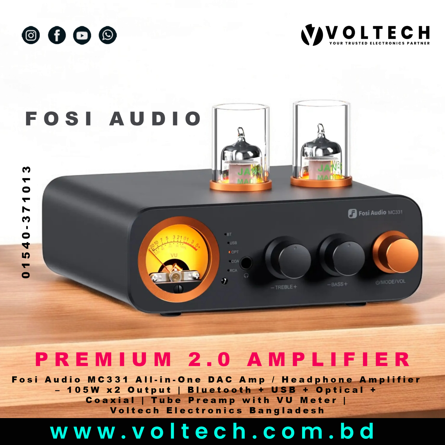 Fosi Audio MC331 All-in-One DAC Amp / Headphone Amplifier – 105W x2 Output | Bluetooth + USB + Optical + Coaxial | Tube Preamp with VU Meter | Voltech Electronics Bangladesh