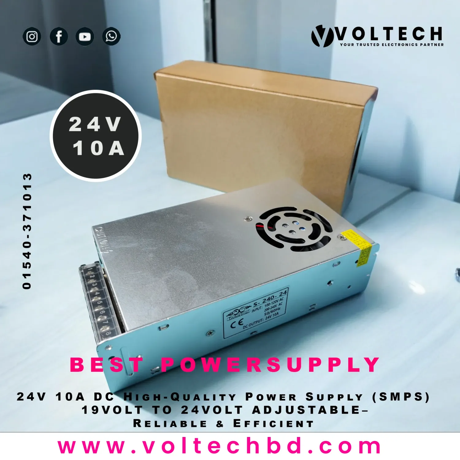 24V 10A DC High-Quality Power Supply (SMPS) – Reliable & Efficient | Voltech Electronics