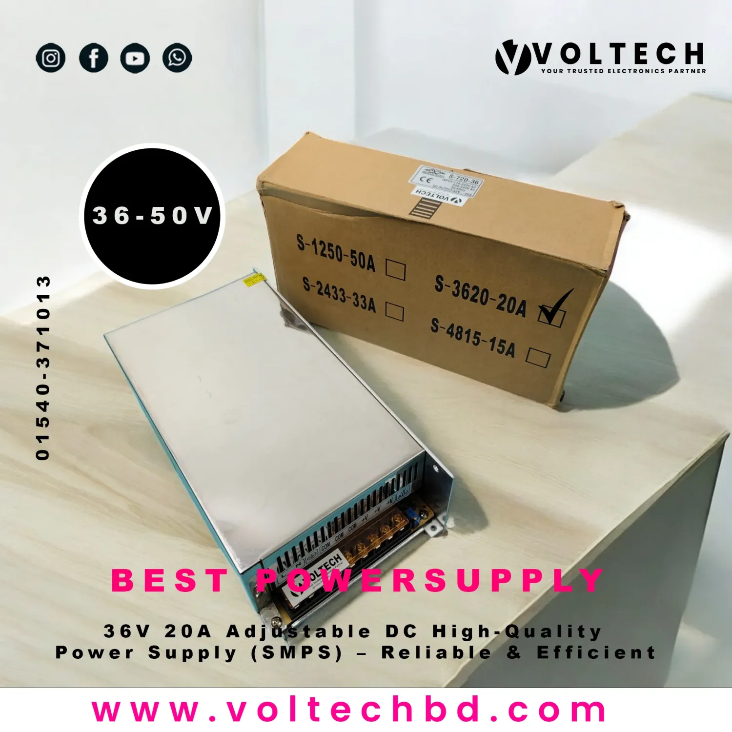 36V 20A Adjustable DC High-Quality Power Supply (SMPS) – Reliable & Efficient | Voltech Electronics