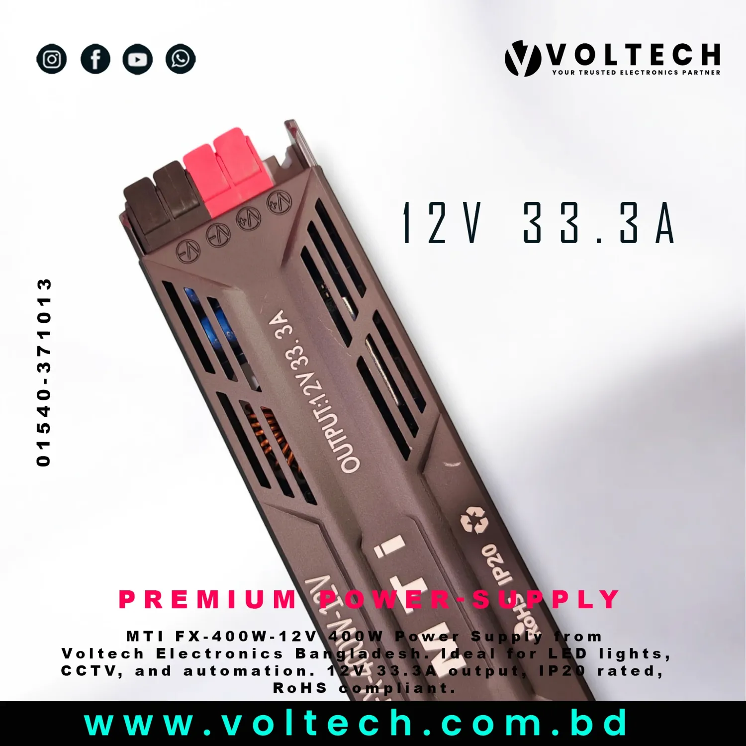 MTI FX-400W-12V LED Power Supply – 12V 33.3A 400W High-Performance SMPS