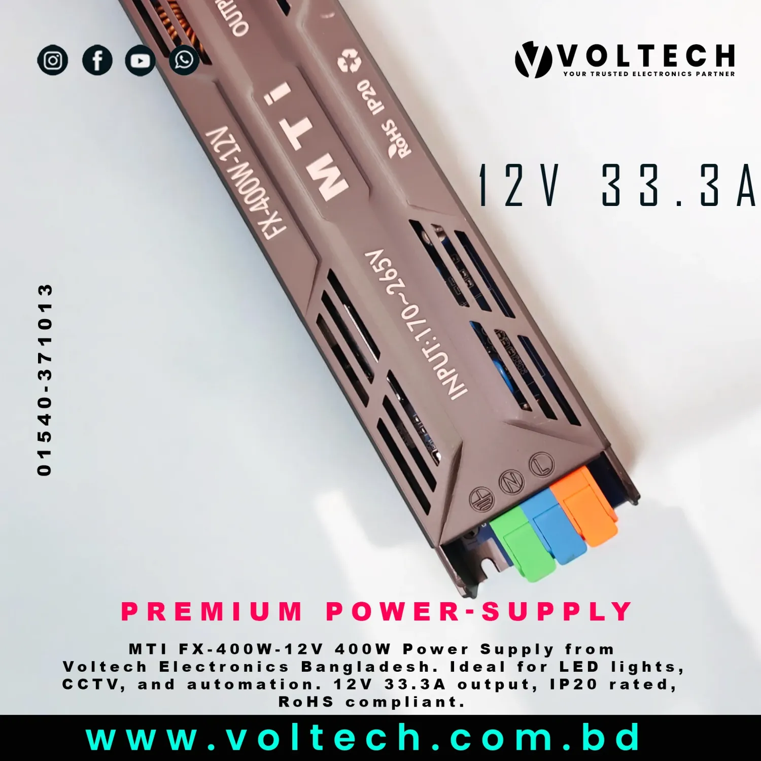MTI FX-400W-12V LED Power Supply – 12V 33.3A 400W High-Performance SMPS