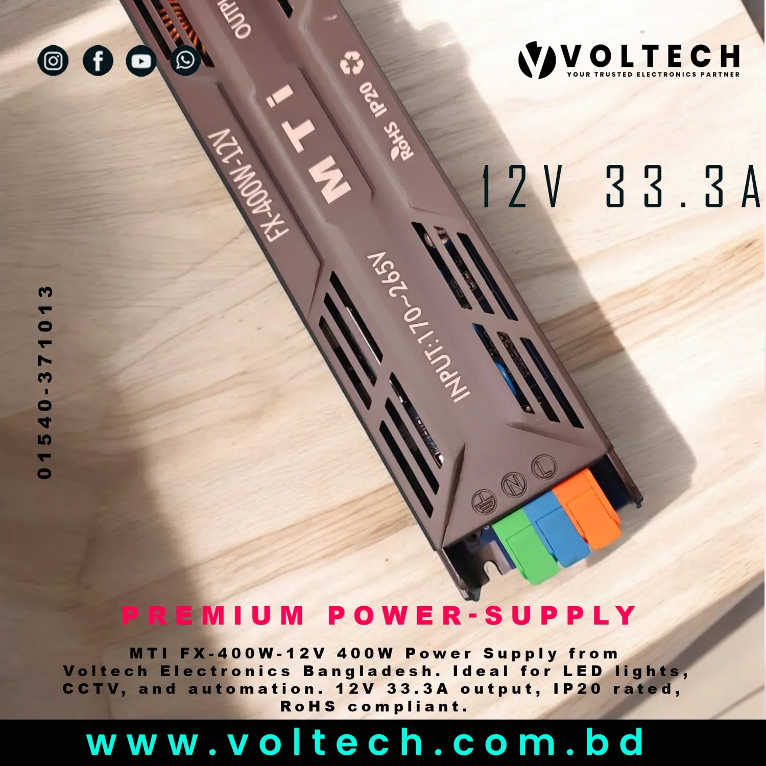 MTI FX-400W-12V LED Power Supply – 12V 33.3A 400W High-Performance SMPS