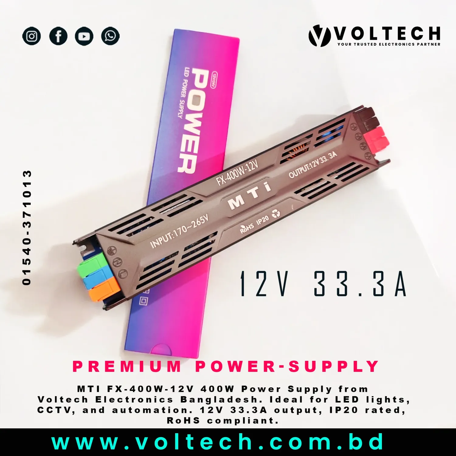 MTI FX-400W-12V LED Power Supply – 12V 33.3A 400W High-Performance SMPS