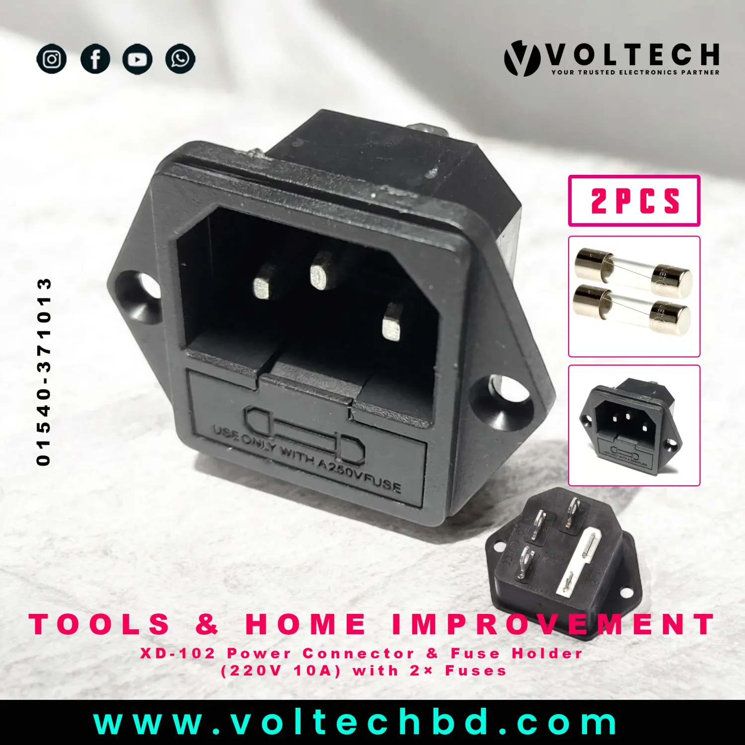 XD-102 Power Connector & Fuse Holder (220V 10A) with 2× Fuses | High-Quality AC Panel Mount Power Inlet
