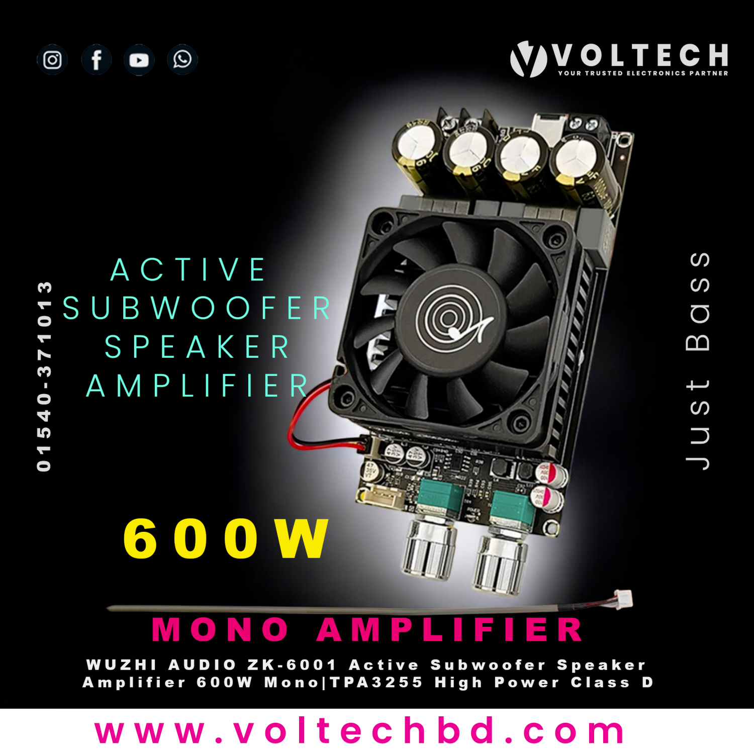 WUZHI AUDIO ZK-6001 Active Subwoofer Speaker Amplifier Module Board – 600W Mono | Frequency & Volume Adjustment | TPA3255 High Power Class D