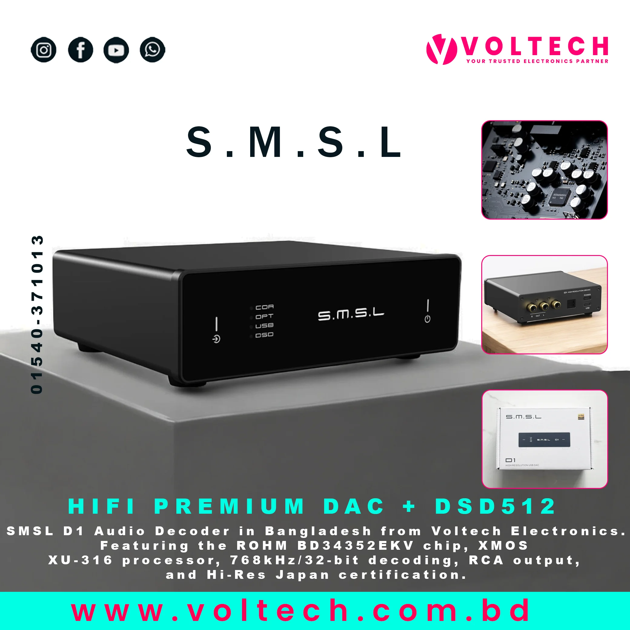 SMSL D1 Audio Decoder with ROHM BD34352EKV Chip | Hi-Res USB DAC 