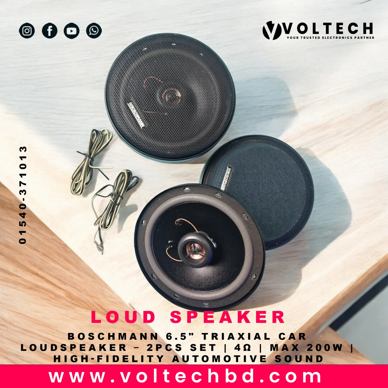 Boschmann 6.5" Triaxial Car Loudspeaker – 2pcs Set | 4Ω | Max 200W | High-Fidelity Automotive Sound | Voltech Electronics