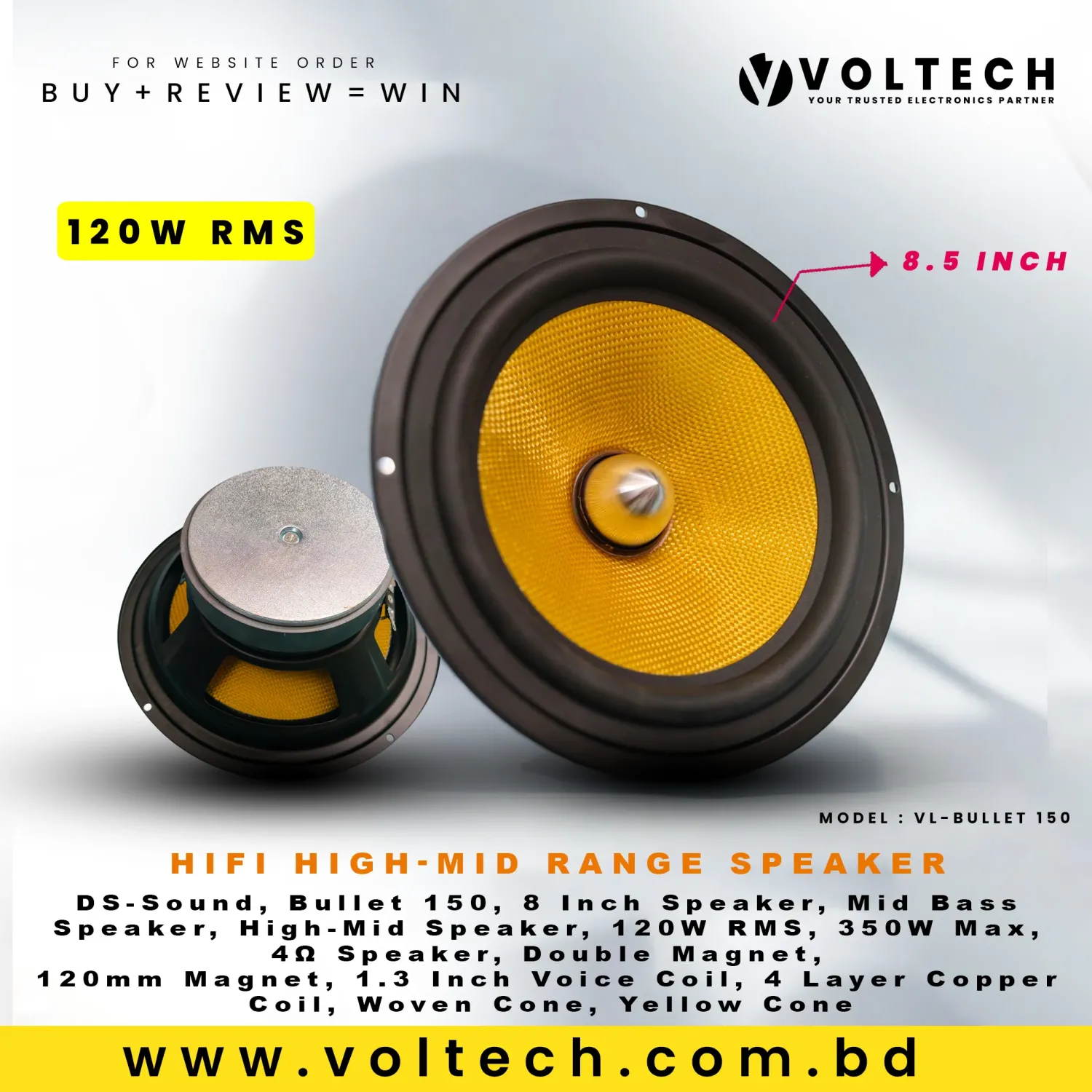 DS-Sound Bullet 150 | 8 Inch 4Ω 120W RMS / 350W Max | Mid Bass & High-Mid Speaker DS-Sound Bullet 150 | 8 Inch 4Ω 120W RMS / 350W Max | Mid Bass & High-Mid Speaker
