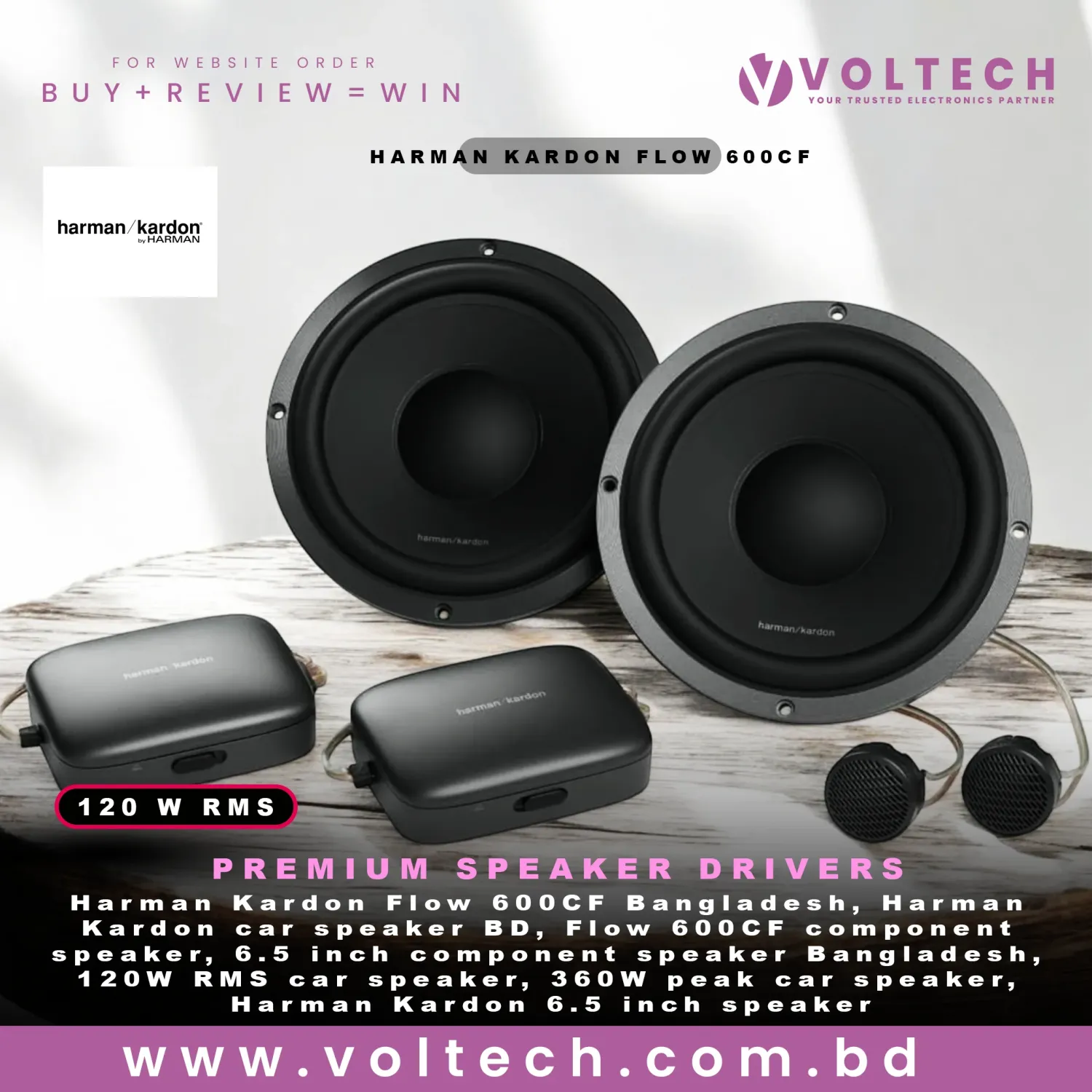 Harman Kardon Flow 600CF | 120W RMS 360W Peak | 6.5” Component Car Audio Speaker | 2 Woofers + 2 Tweeters + Crossovers