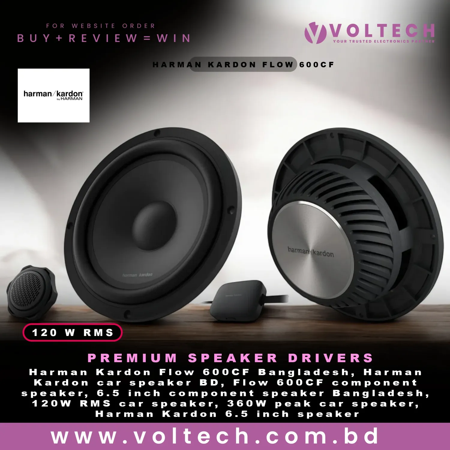 Harman Kardon Flow 600CF | 120W RMS 360W Peak | 6.5” Component Car Audio Speaker | 2 Woofers + 2 Tweeters + Crossovers