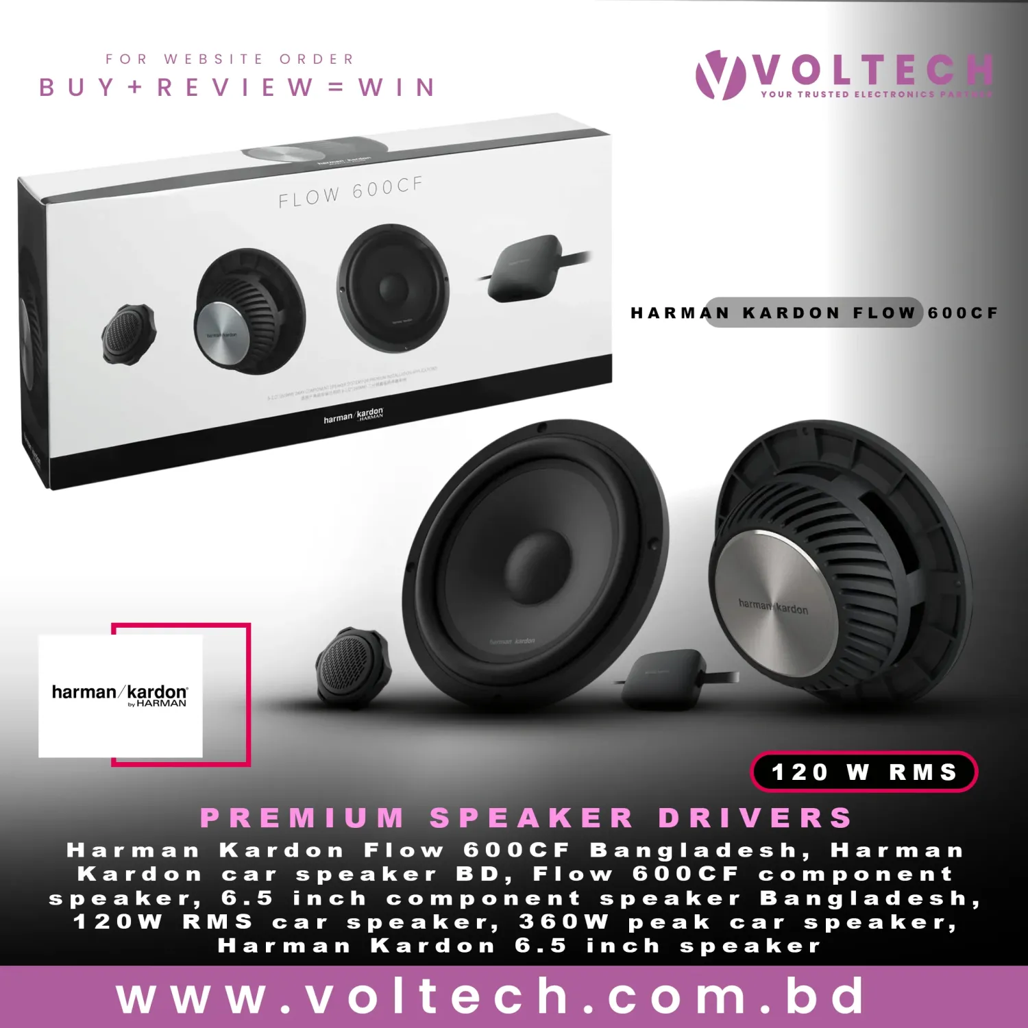 Harman Kardon Flow 600CF | 120W RMS 360W Peak | 6.5” Component Car Audio Speaker | 2 Woofers + 2 Tweeters + Crossovers