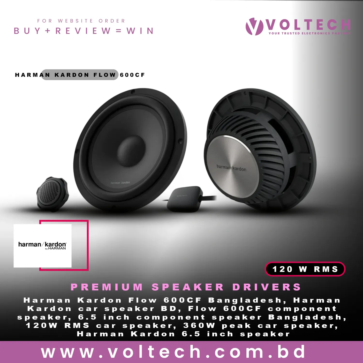Harman Kardon Flow 600CF | 120W RMS 360W Peak | 6.5” Component Car Audio Speaker | 2 Woofers + 2 Tweeters + Crossovers
