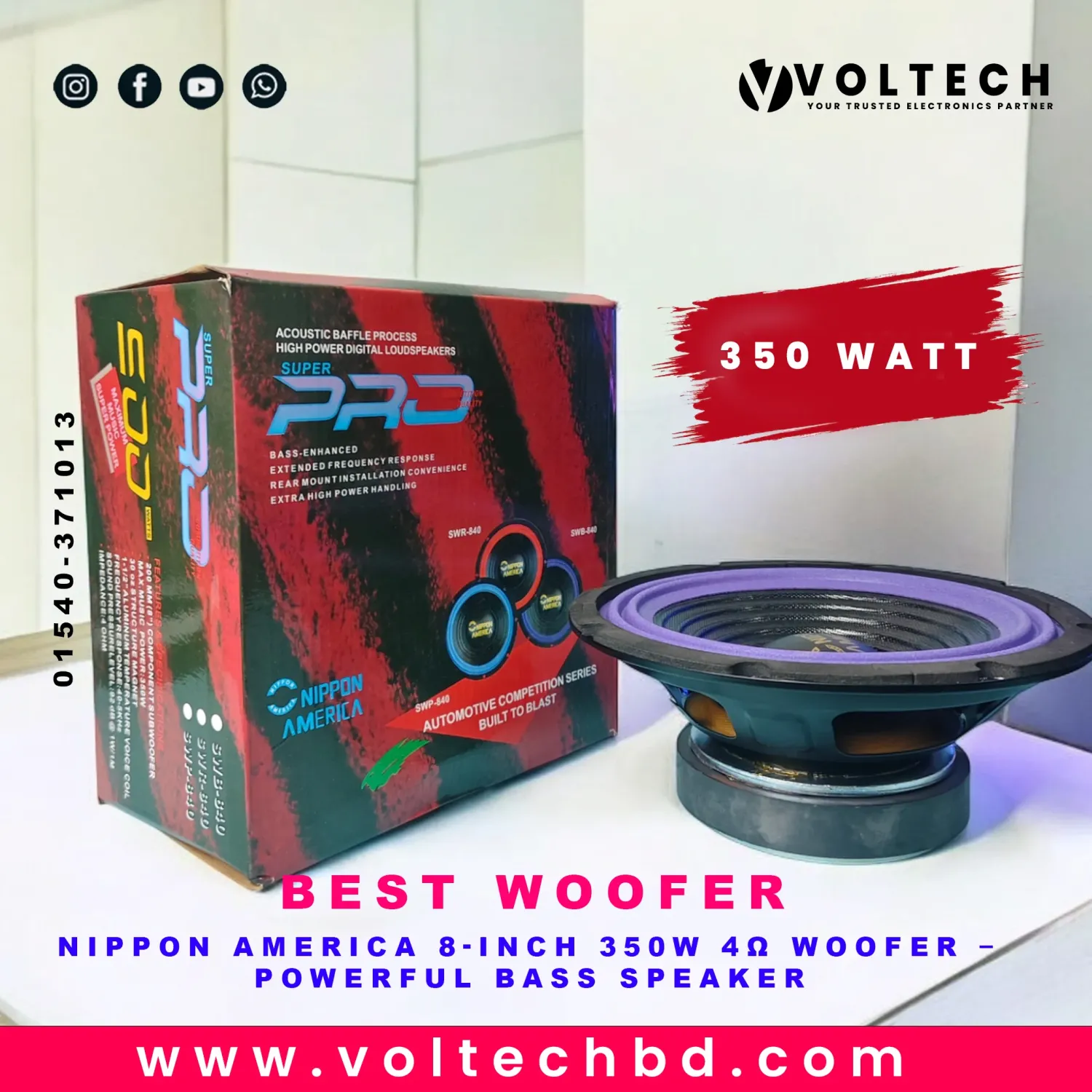 Nippon AMERICA 8-Inch 350W 4Ω Woofer – Powerful Bass Speaker | Voltech Electronics
