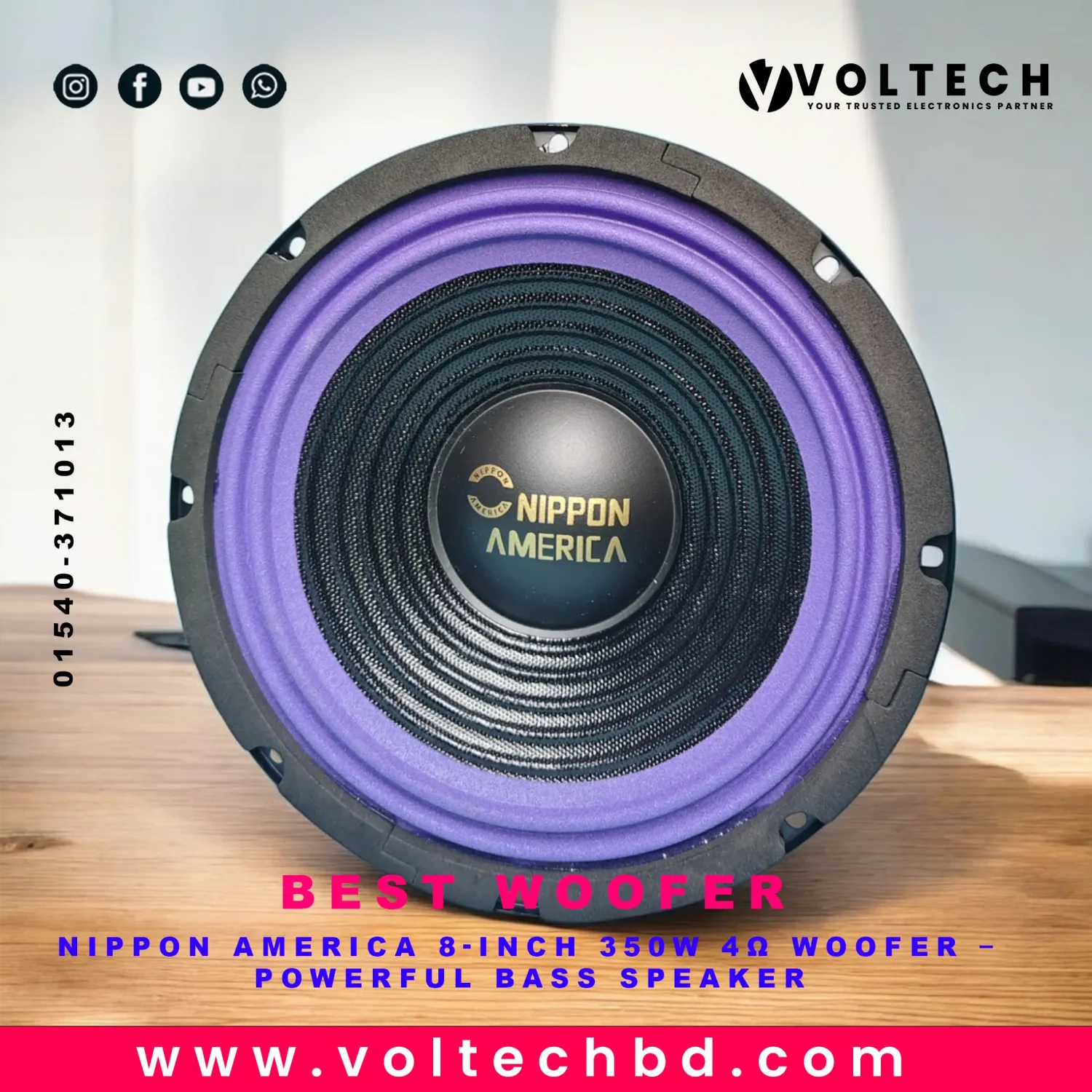 Nippon AMERICA 8-Inch 350W 4Ω Woofer – Powerful Bass Speaker | Voltech Electronics