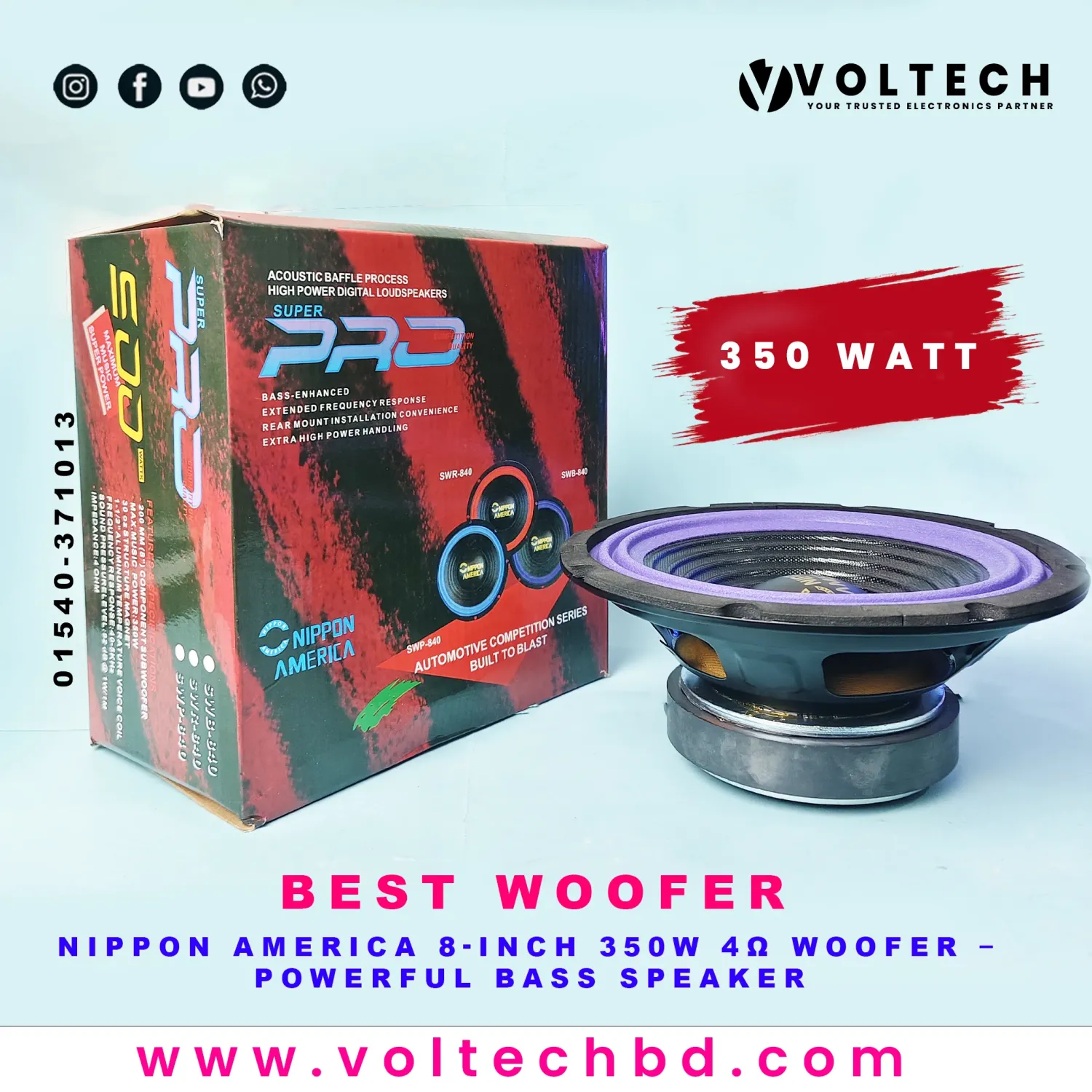 Nippon AMERICA 8-Inch 350W 4Ω Woofer – Powerful Bass Speaker | Voltech Electronics