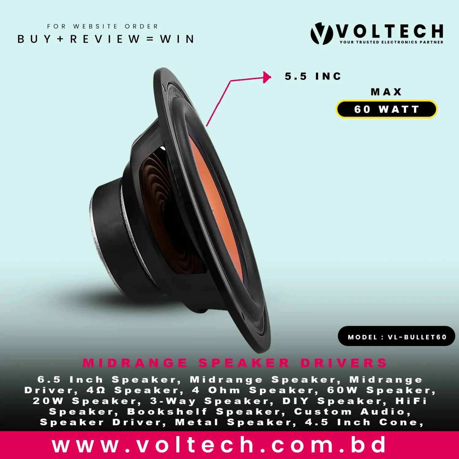 Voltech VL-BULLET 60 Midrange Speaker Driver | 60W 4Ω High-Power Bullet Loudspeaker ( SINGLE PCS ) Voltech VL-BULLET 60 Midrange Speaker Driver | 60W 4Ω High-Power Bullet Loudspeaker ( SINGLE PCS )