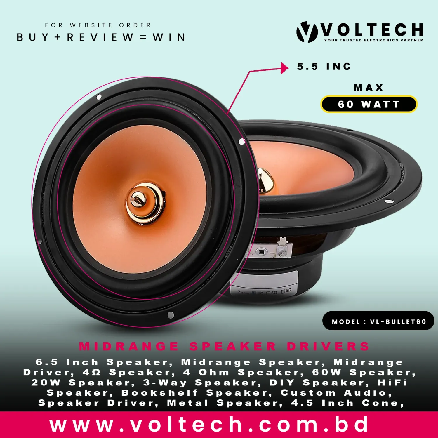 Voltech VL-BULLET 60 Midrange Speaker Driver | 60W 4Ω High-Power Bullet Loudspeaker ( SINGLE PCS ) Voltech VL-BULLET 60 Midrange Speaker Driver | 60W 4Ω High-Power Bullet Loudspeaker ( SINGLE PCS )