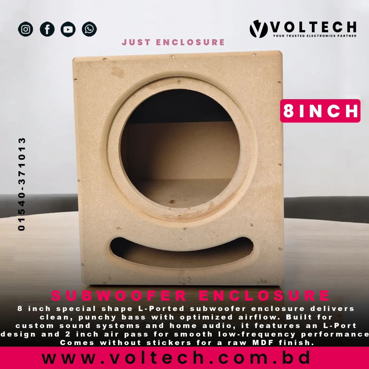 8 Inch Special Shape L-Ported Subwoofer Enclosure | Compact Bass Cabinet (14.5″ × 12″ × 16″) – No Stickers