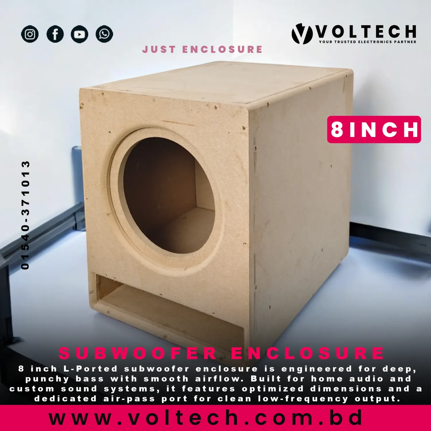 8 Inch L-Ported Subwoofer Enclosure | High Bass Performance Cabinet (14.5″ × 12″ × 16″) ( Without Stickers)