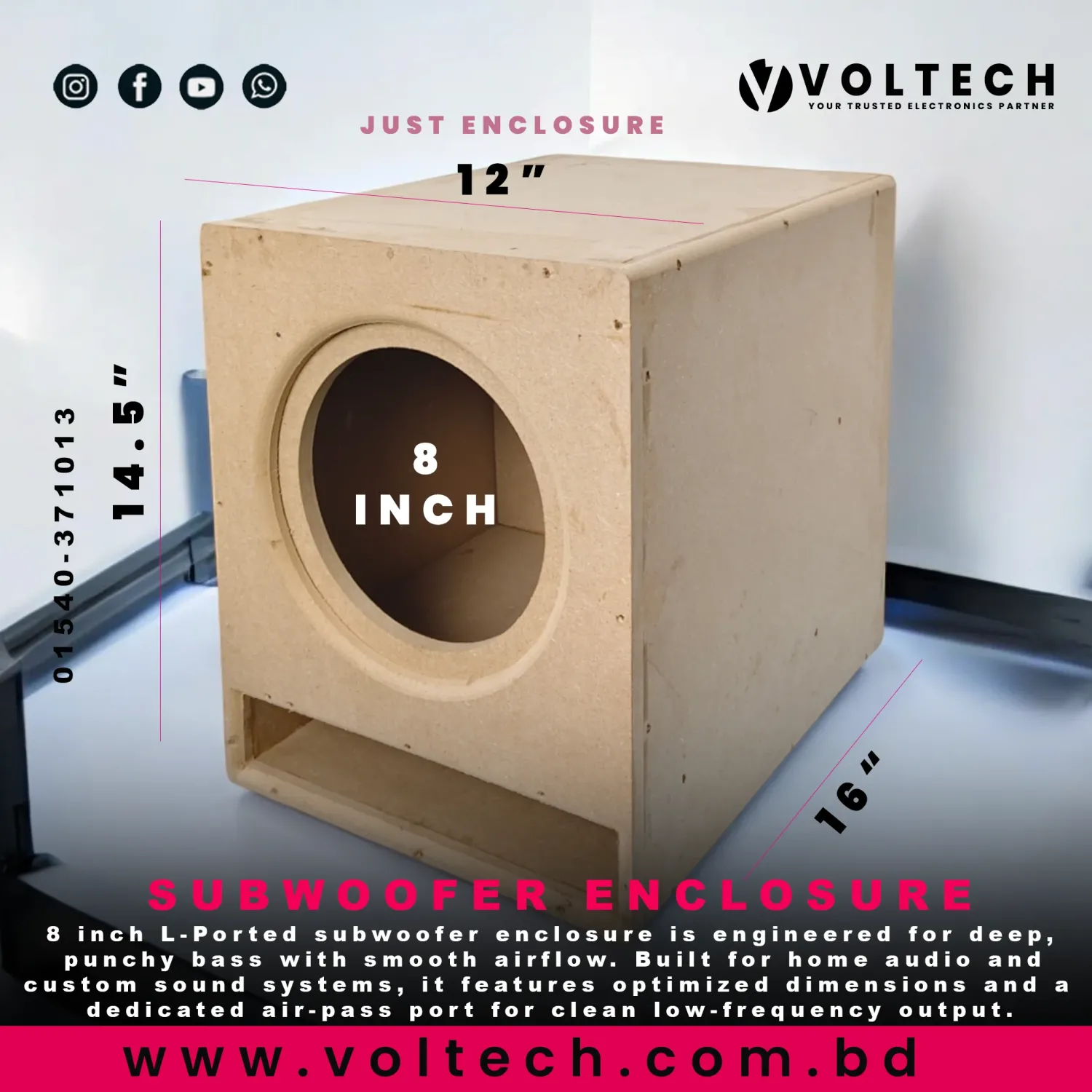 8 Inch L-Ported Subwoofer Enclosure | High Bass Performance Cabinet (14.5″ × 12″ × 16″) ( Without Stickers)