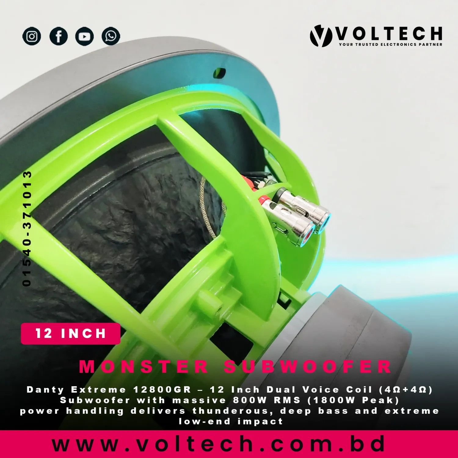 Danty Extreme 12800GR - Dual Voice Coil 12 Inch 1800W Peak 800W RMS 4Ω+4Ω Subwoofer (Green Aluminum Basket) | Voltech Electronics