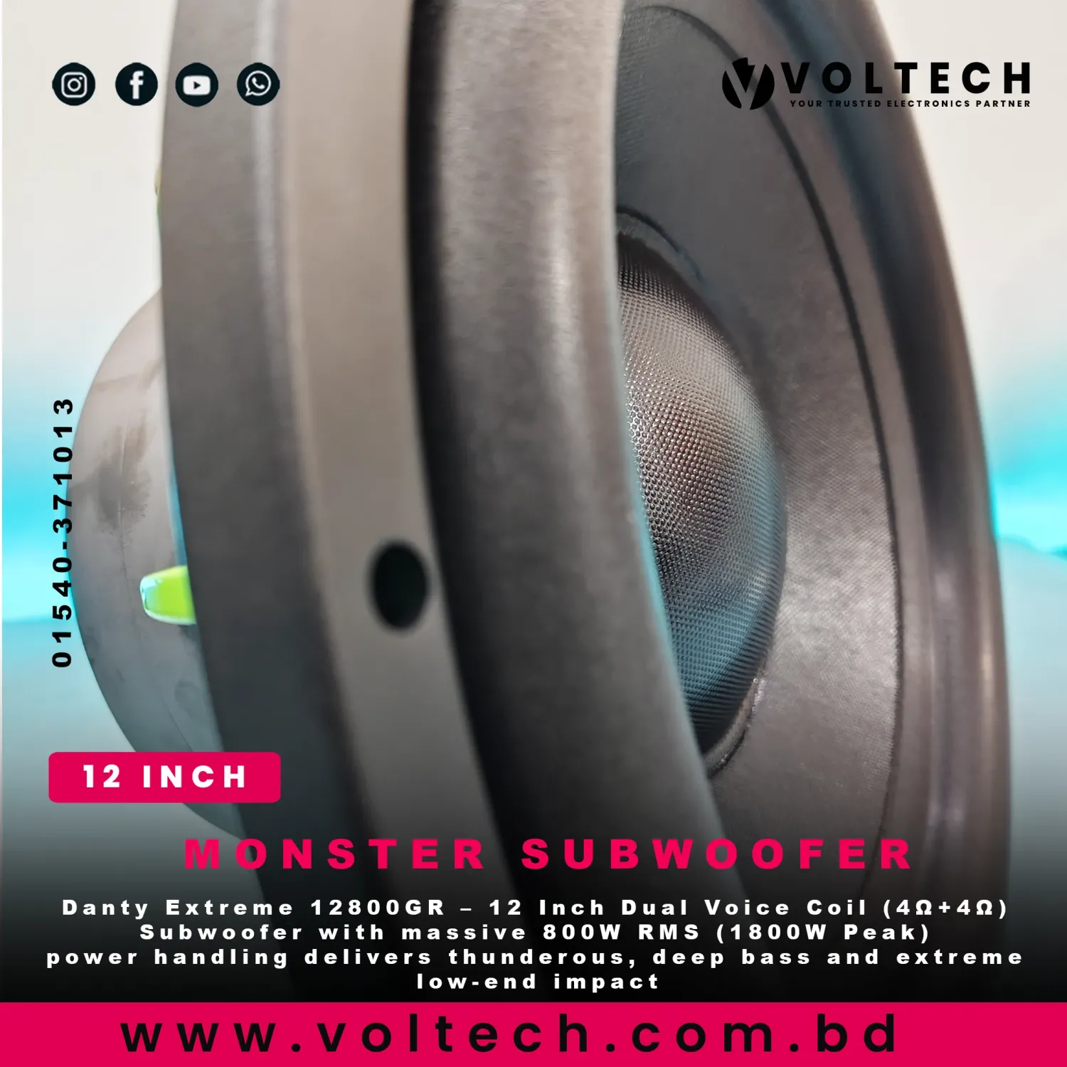 Danty Extreme 12800GR - Dual Voice Coil 12 Inch 1800W Peak 800W RMS 4Ω+4Ω Subwoofer (Green Aluminum Basket) | Voltech Electronics