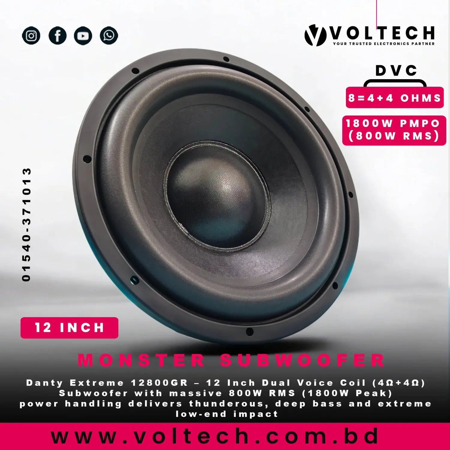 Danty Extreme 12800GR - Dual Voice Coil 12 Inch 1800W Peak 800W RMS 4Ω+4Ω Subwoofer (Green Aluminum Basket) | Voltech Electronics