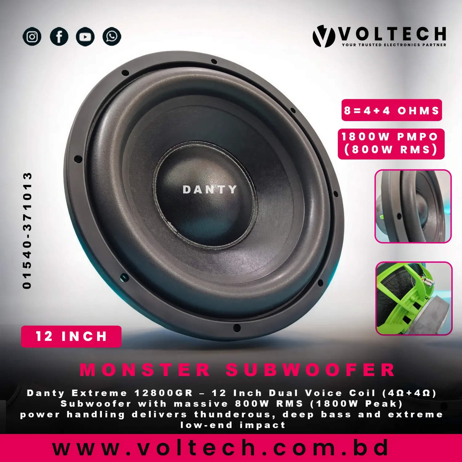 Danty Extreme 12800GR - Dual Voice Coil 12 Inch 1800W Peak 800W RMS 4Ω+4Ω Subwoofer (Green Aluminum Basket) | Voltech Electronics