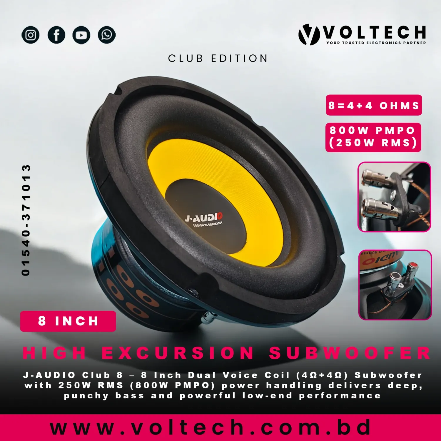 J-AUDIO Club 8 | 4 Ohm+4 Ohm DVC 8 Inch 800W PMPO (250W RMS) Subwoofer | Voltech Electronics