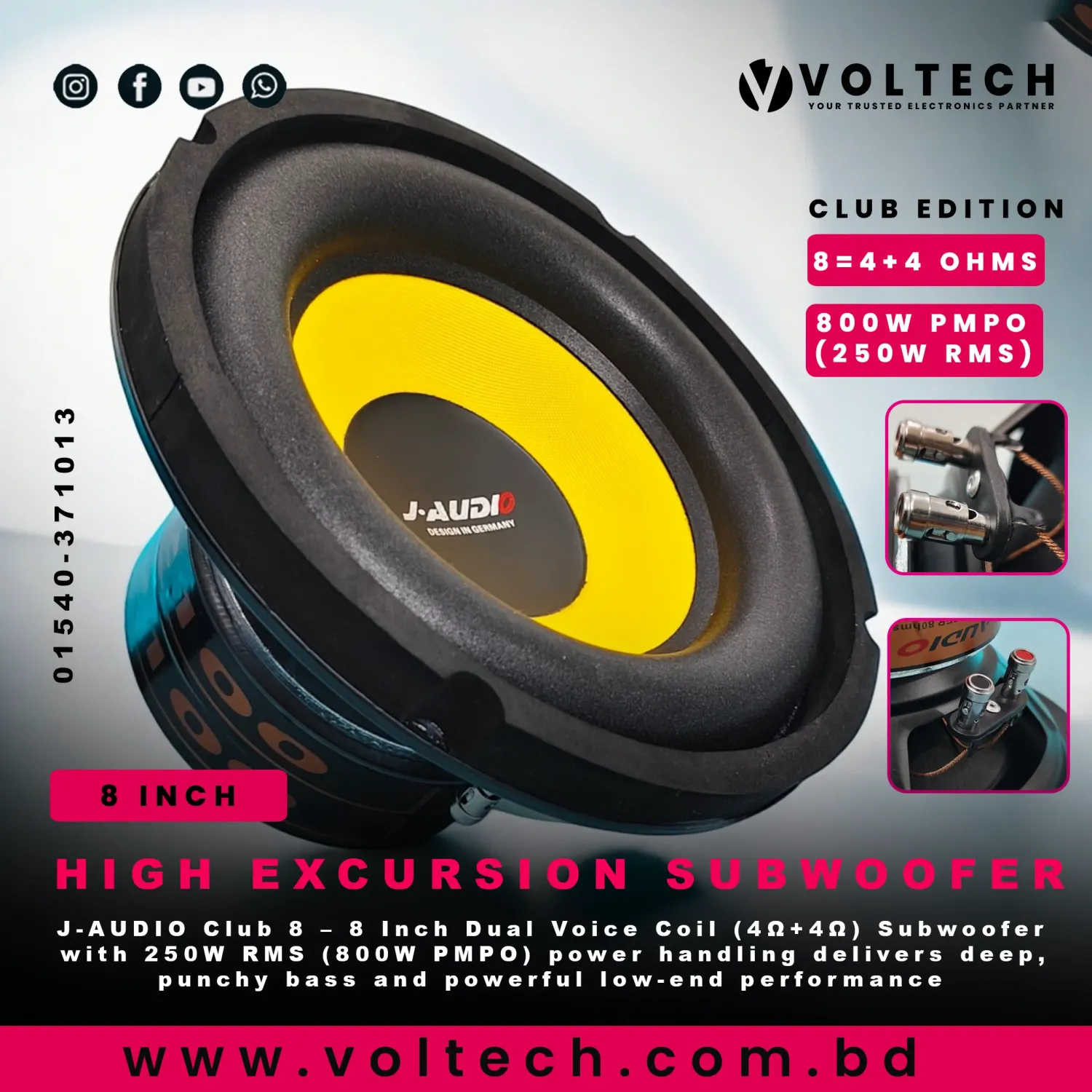 J-AUDIO Club 8 | 4 Ohm+4 Ohm DVC 8 Inch 800W PMPO (250W RMS) Subwoofer | Voltech Electronics
