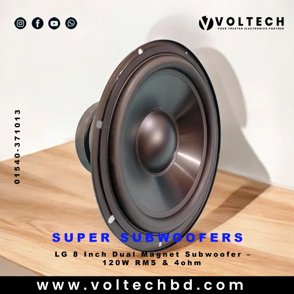 LG 8 Inch Dual Magnet Subwoofer – 120W RMS | 4Ω Heavy Bass Woofer for Home & Car Audio | Voltech BD LG 8 Inch Dual Magnet Subwoofer – 120W RMS | 4Ω Heavy Bass Woofer for Home & Car Audio | Voltech BD