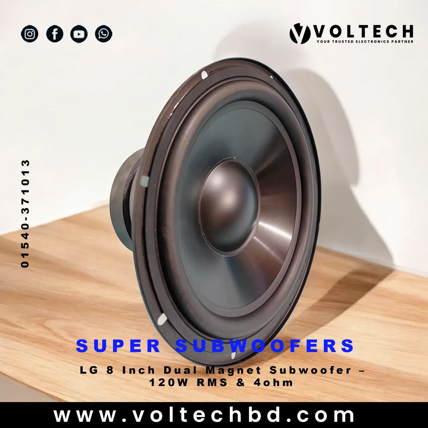 LG 8 Inch Dual Magnet Subwoofer – 120W RMS | 4Ω Heavy Bass Woofer for Home & Car Audio | Voltech BD