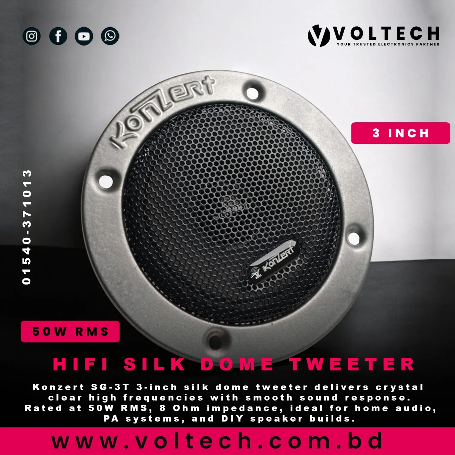 Konzert SG-3T 3″ Silk Dome Tweeter – Crystal Clear High Frequency | 50W RMS | 8Ω