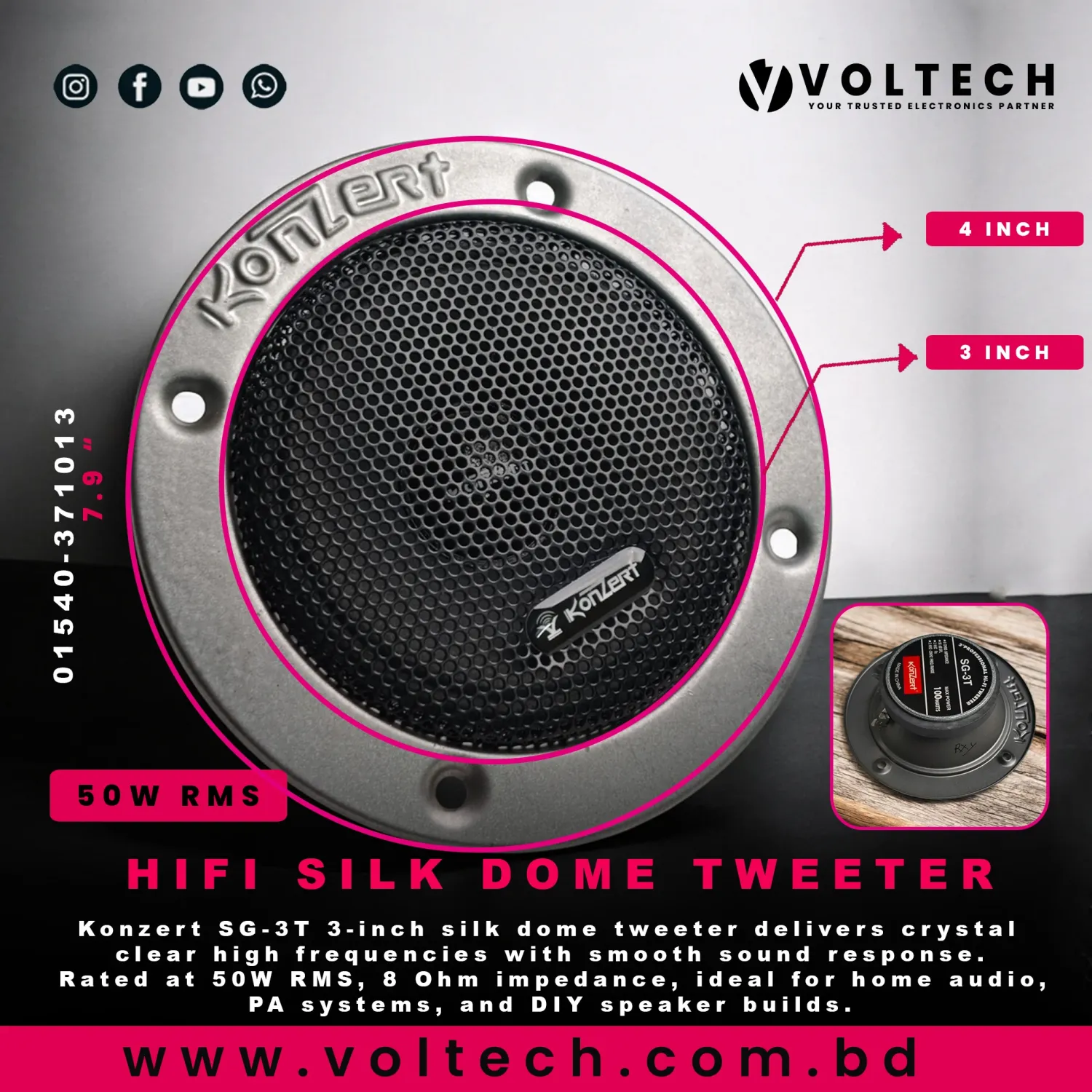 Konzert SG-3T 3″ Silk Dome Tweeter – Crystal Clear High Frequency | 50W RMS | 8Ω