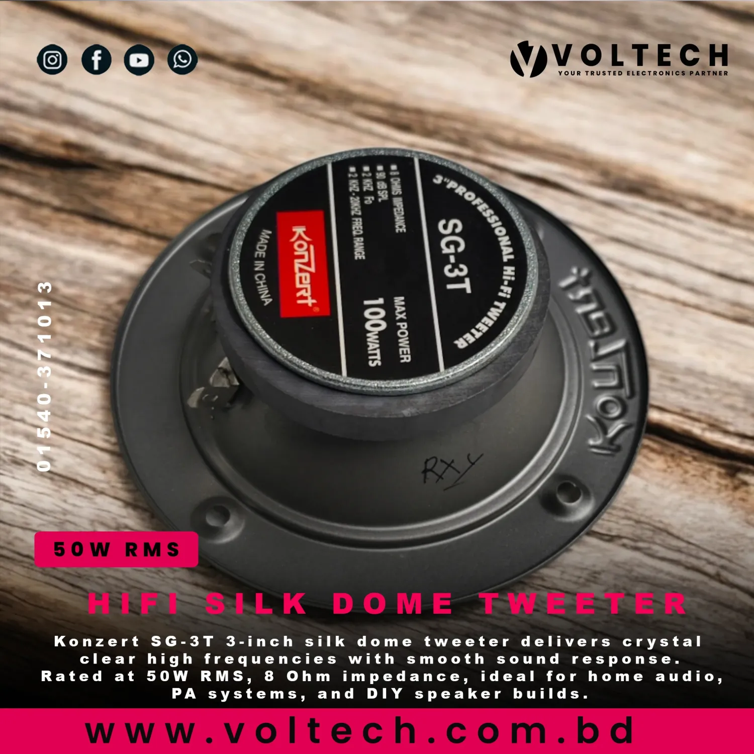 Konzert SG-3T 3″ Silk Dome Tweeter – Crystal Clear High Frequency | 50W RMS | 8Ω