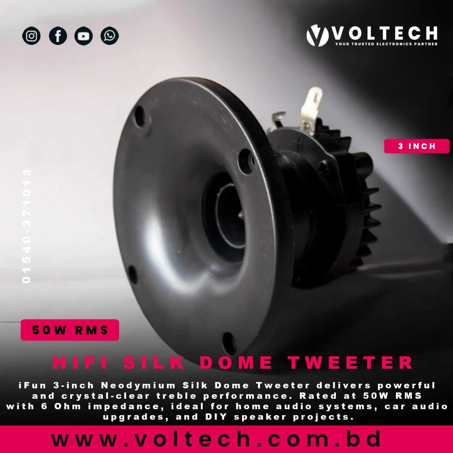 iFun 3″ Neodymium Silk Dome Tweeter – Powerful Clear Treble | 50W RMS | 6Ω
